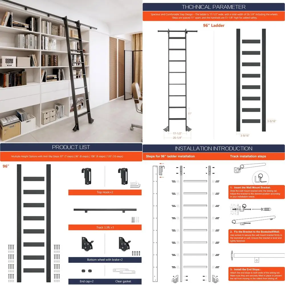 Aluminum Rolling Library Ladder, 96 Height, Telescopic Hook Track, 3.3FT Extension, Lightweight with Brake Wheels and Kit