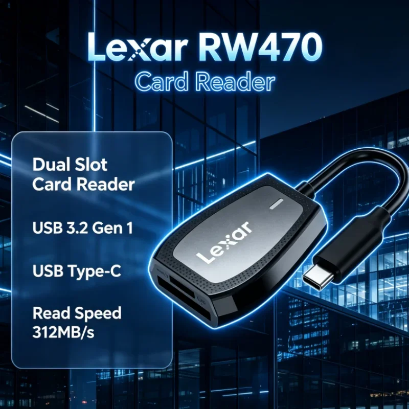 Lexar RW470 2-in-1 Type-C Dual Slot USB 3.2 Gen1 Card Reader SD microSD UHS-II Up to 312MB/s Read for SD Card Data Transfer