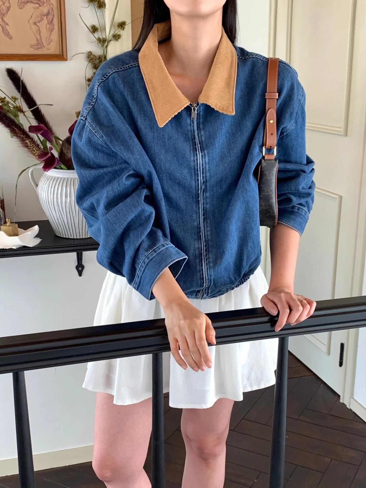 الرجعية اللون بلو الدنيم Jaet المرأة ort سستة طوق Jaet الخريف جديد Sle عادية فضفاضة تناسب السيدات Faion الأعلى #5