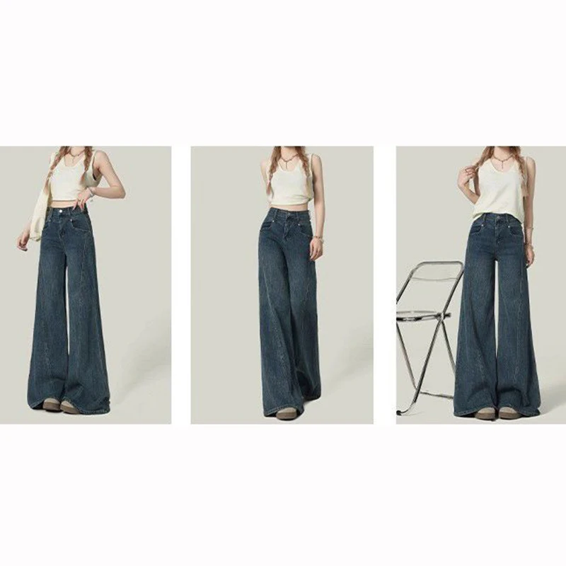 Damskie dżinsy z wysokim stanem, retro, jednolite, rozszerzane, eleganckie, w stylu koreańskim, proste nogawki, klasyczne spodnie dżinsowe damskie.