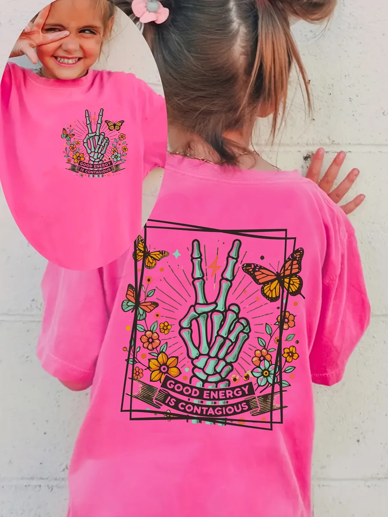 Teen Girls T-shirt, Front & Back Double Print Cartoon Skeleton Finger Butterfly Round Neck Sweet Cute Short Sleeve Casual Tee