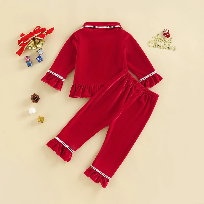 1-5Y Kids Girls Red Velvet Pajamas Set Children Autumn Winter Warm Long Sleeve Ruffle Shirts Pants Sleepwear Homewear Clothing