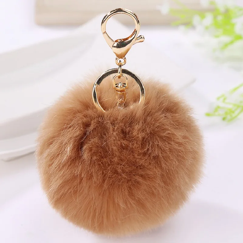 Women Car Key Pendant Faux Rabbit Fur Solid Color Keychain Girl Cute Plush Ball Bag Charm Ornament Soft KeyRing Fluffy Puff Ball