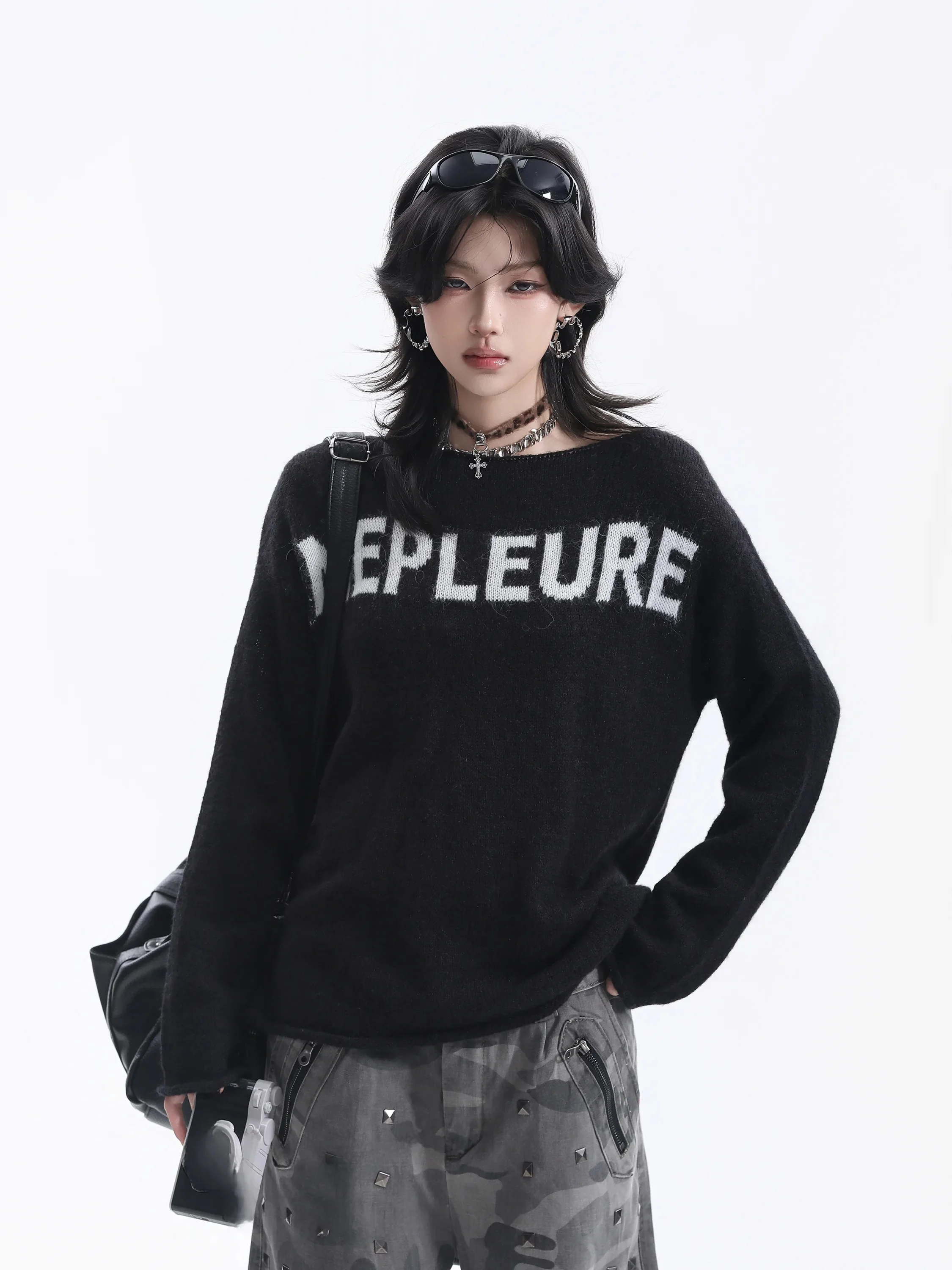 Loose Long Sleeve Knitted Sweater Couple Lazy Style High Street Spicy Girl Large Collar Letter Embroidery Polyester Nylon