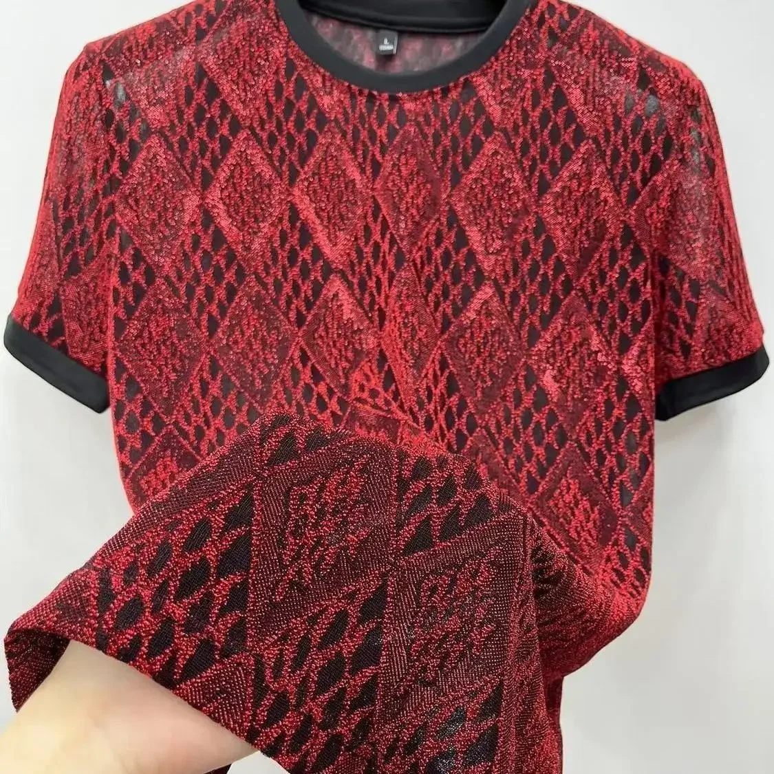 Summer Men Clothing New Ice Silk Jacquard Quick Dry Breathable Short Sleeve Tops Hollow Out Mesh