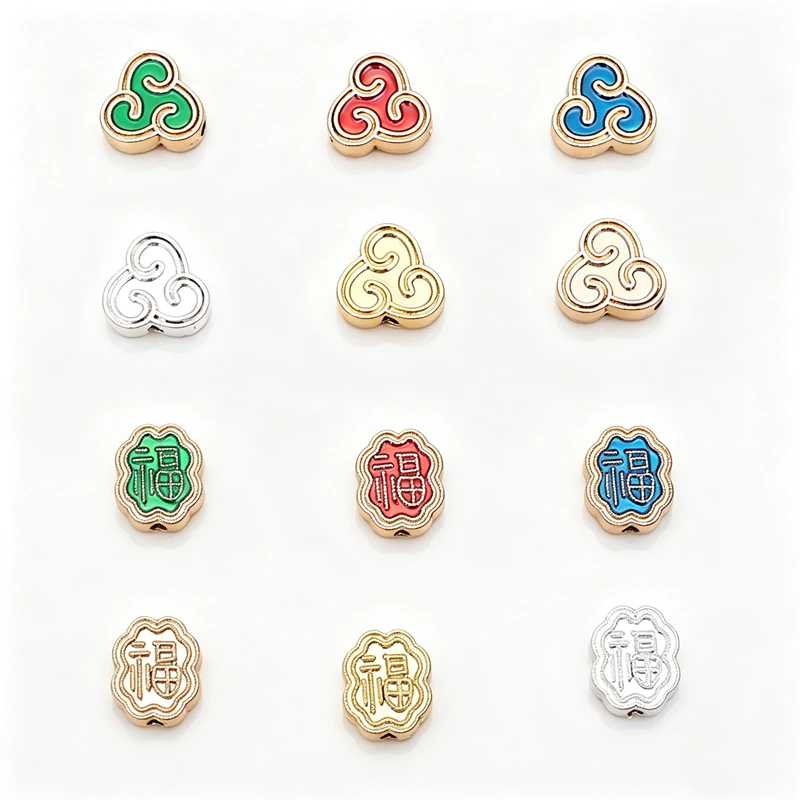 BoYuTe (50 Pieces/Lot) Enamel Cloud&Blessing Fu Letter Spacer Beads Vintage Chinese Alloy Large Hole Beads DIY Bracelet Making