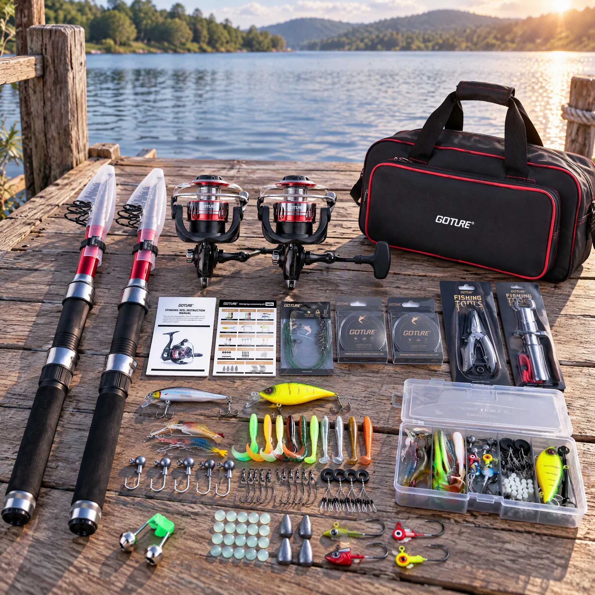 Goture 2-Pack Carbon Fiber Fishing Rod and Spinning Reel Combo with Carrier Bag,Tackle Kit 1.8M-2.7M Outdoor Fishing Accessories