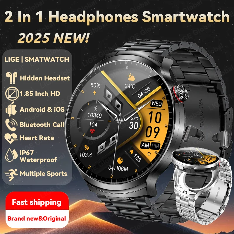 

LIGE 2025 Новые Смарт-часы TWS 2-в-1 Bluetooth-наушники HIFI 9D качество звука Bluetooth-вызов для мужчин и женщин спортивные умные часы