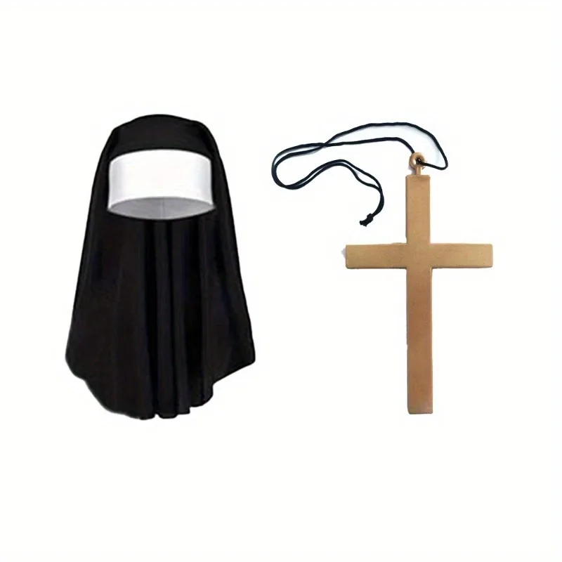 PESENAR Novelties Costume Accessory Nun Hat and Gold Cross Necklace Set Multi One Size