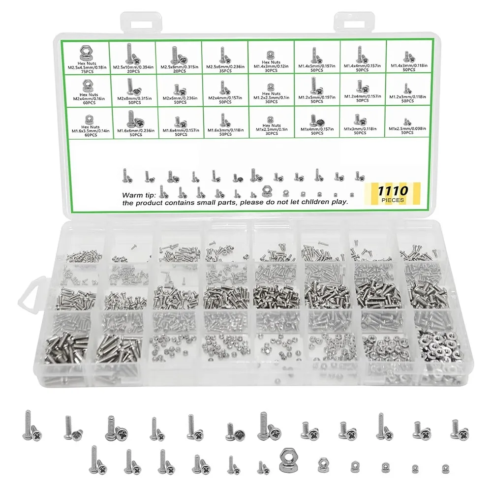 1110Pcs Phillips Pan Head Machine Screws 304 Stainless Steel Micro Screws Nuts M1 M1.2 M1.4 M1.6 M2 M2.5 for DIY Electronics
