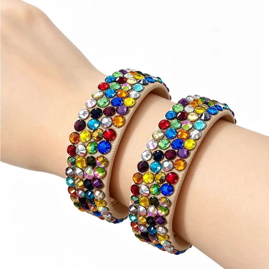 Colorful AB Rhinestone Dance Wristband 1 Pair Elastic Crystal Wrist Cuff Sparkly Latin Ballroom Dance Competition Bracelet