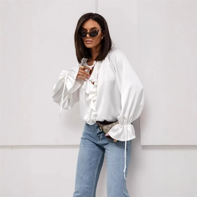 Elegant Temperament Flared Sleeve Blouses Shirts Spring Summer O-neck Lace Up Women RuffleOffice Ladies Loose Long Sleeve Shirt