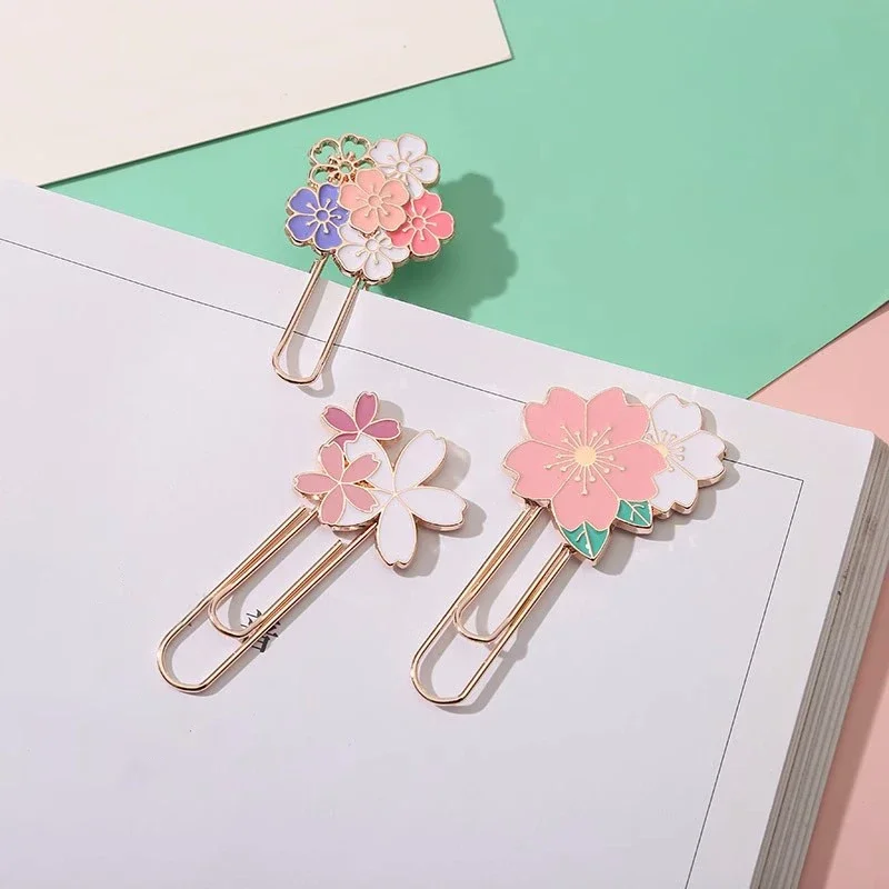 Kawaii Cherry Blossom Paper Clips Exquisite Sakura Metal Bookmarks Cute Book Page Holder Reading Tools Korean Stationery Office