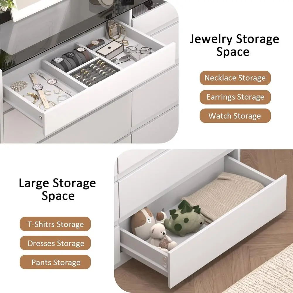 خزانة غرفة نوم حديثة ذات 8 أدراج مع سطح زجاجي وإضاءة LED وتخزين المجوهرات