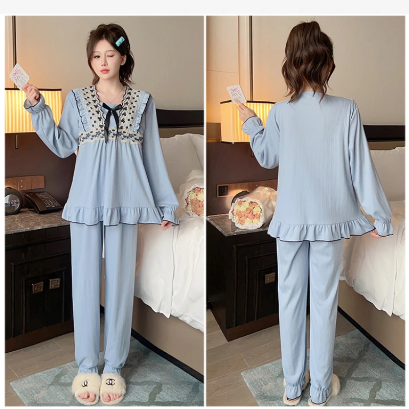 M-5XL женские пижамы больших размеров с нагрудными подушечками, одежда для сна в стиле принцессы, весенние хлопковые брюки с длинными рукавами, свободная домашняя одежда