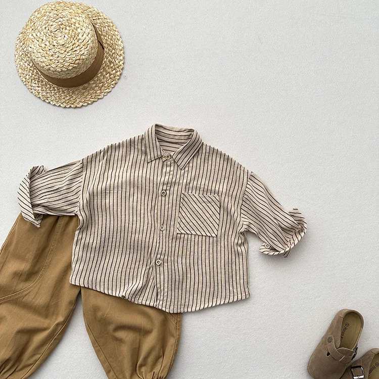 Cotton Linen Striped Spring and Autumn New Korean Children's Literary and Artistic Lapel Vertical Striped Shirt Soft Waxy Shirt