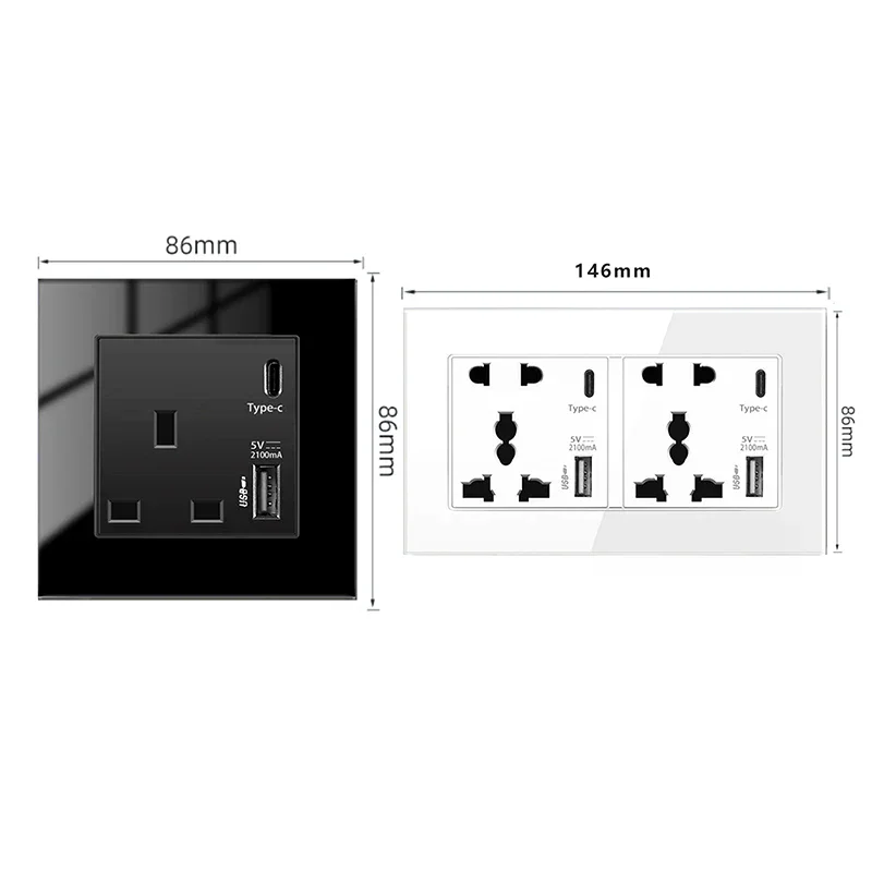 1Pc Power 2100MA USB Outlet Fast Charging Panel 86-Type 13A Wall Type C Interface Socket Maximum Voltage 250V For UK US EU