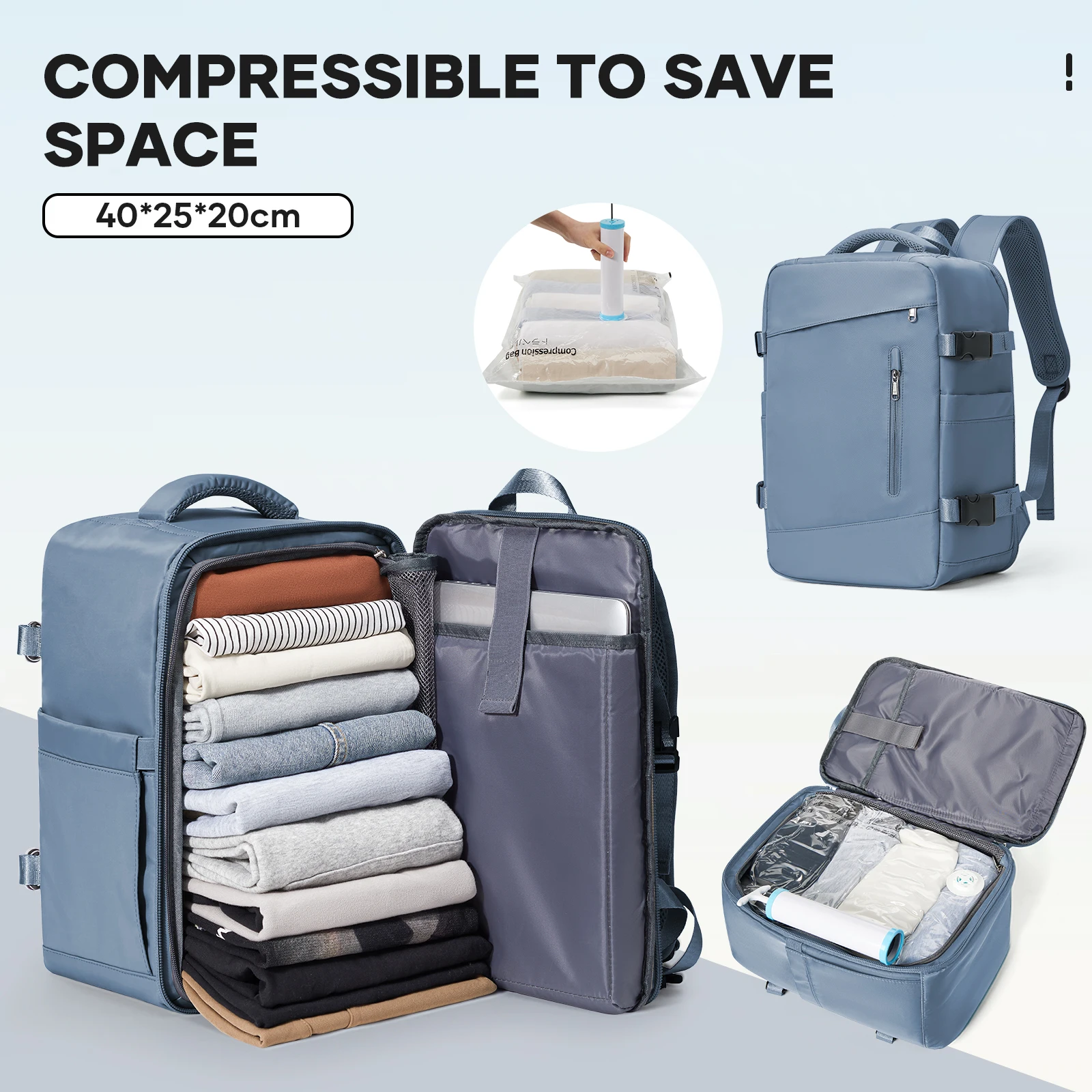 กระเป๋าเป้สะพายหลัง Aviation Ryanair ขนาด 40x20x25 ซม. พร้อมถุงเก็บสูญญากาศสำหรับเดินทาง สำหรับผู้ชายและผู้หญิง，กระเป๋าถือขึ้นเครื่อง กระเป๋าโน้ตบุ๊ก กระเป๋าธุรกิจ