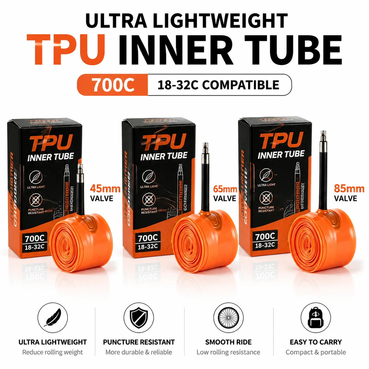 High Elasticity Compact Ultralight Bicycle Inner Tube 36g 700 X 18 25 28 32 35 38C Road Bike TPU Tube French Valve Inner Tube