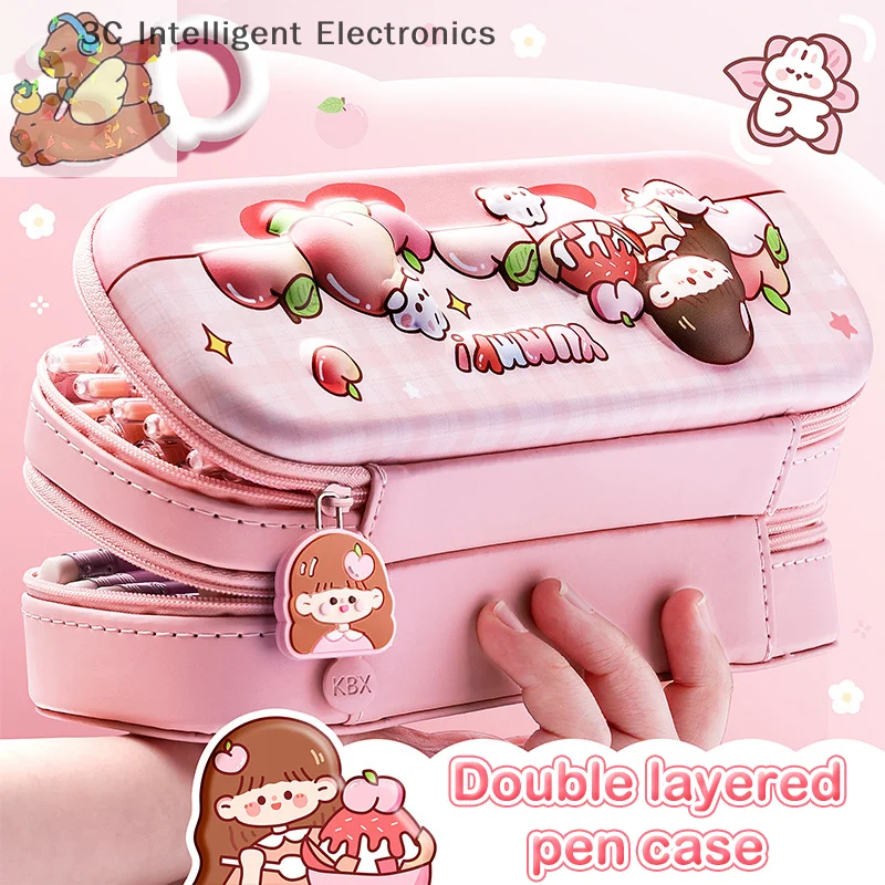 3D Astronaut Pencil Case Boys Stationery New Popular Student Double-layer Large Capacity Waterproof Pink Rabbit