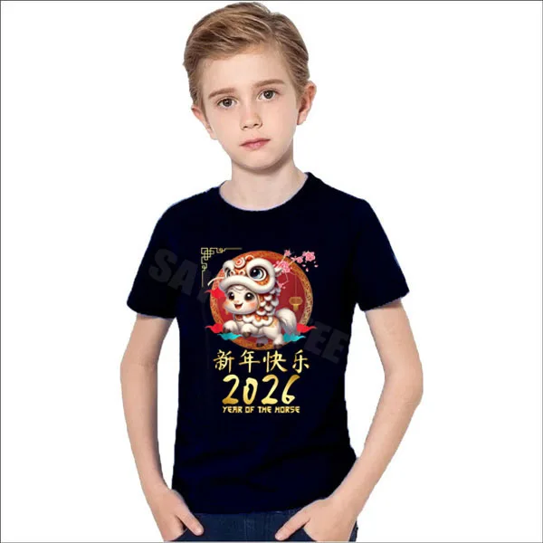 سنة الحصان 2026 لطيف السنة القمرية الصينية الجديدة 2026 الأسرة تي شيرت الأولاد موضة الجدة هدية قصيرة الأكمام البلوزات قائلا المحملة #3
