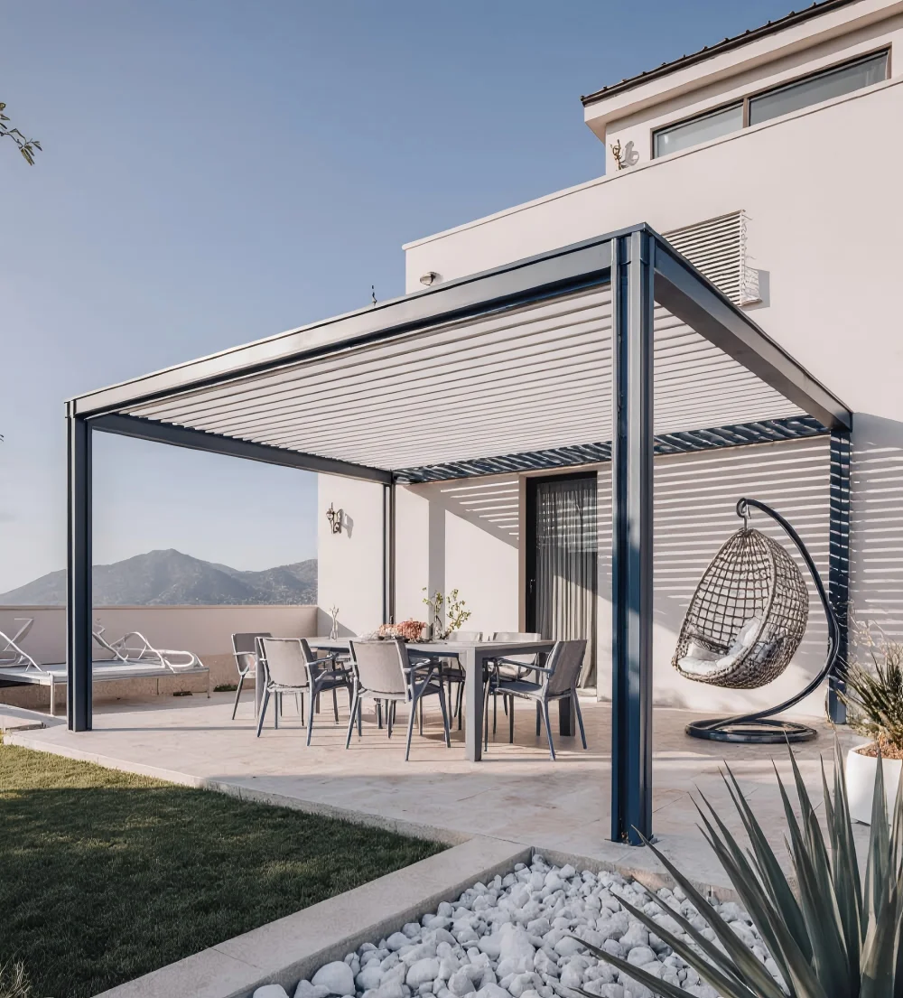Pérgola Bioclimática de Aluminio Montada en la Pared, con Luces LED, Techo de Láminas Motorizadas, para Patio, en Oferta