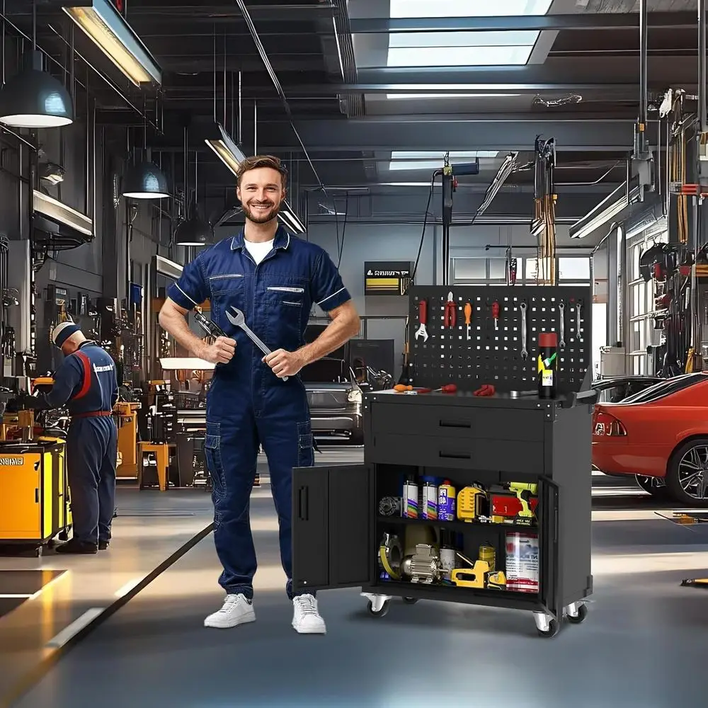 頑丈な35スチール製ワークベンチ、深い引き出し、ロック付きホイール、ペグボード、調整可能な棚付き、ガレージや作業場の収納に