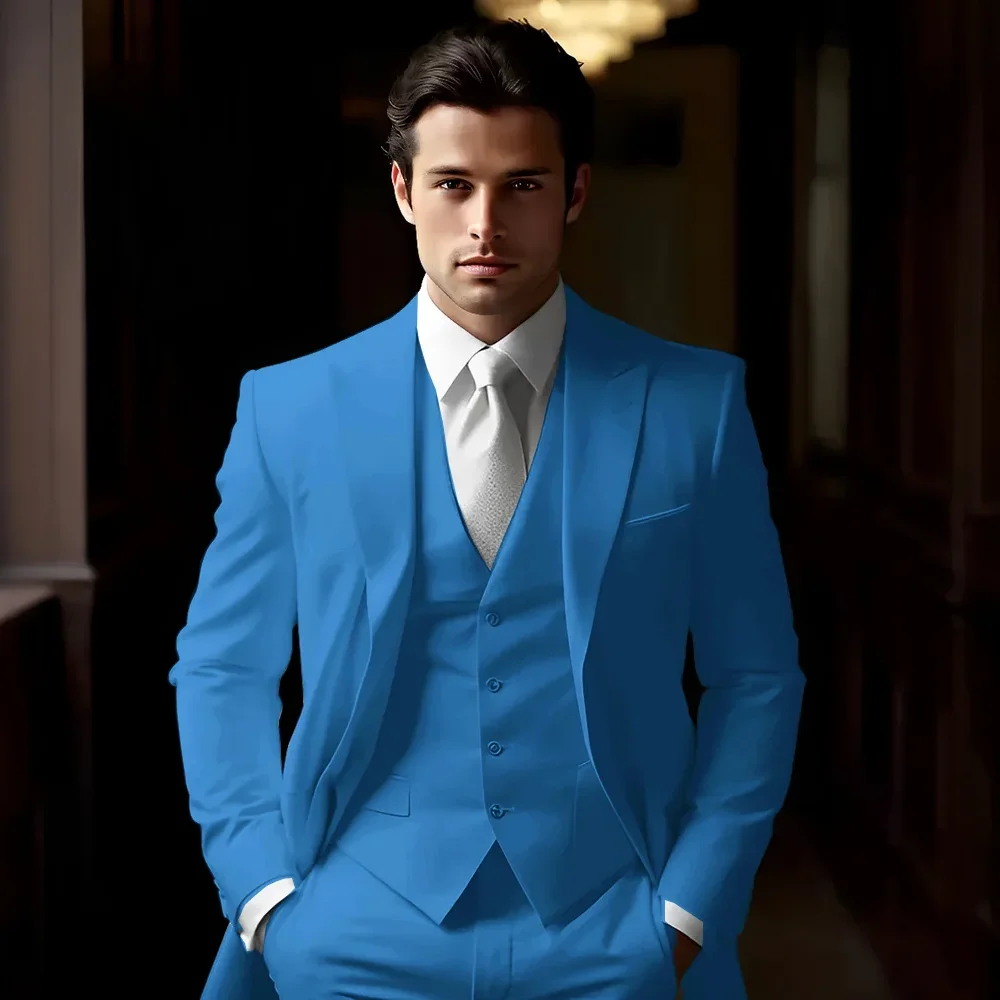 Setelan Jas Pria Biru 3 Potong Model Formal Kerah Lancip Slim Fit untuk Pengantin Pria/Tuksedo Pengiring Pria Terbaik untuk Pernikahan/Bisnis (Jas+Rompi+Celana)