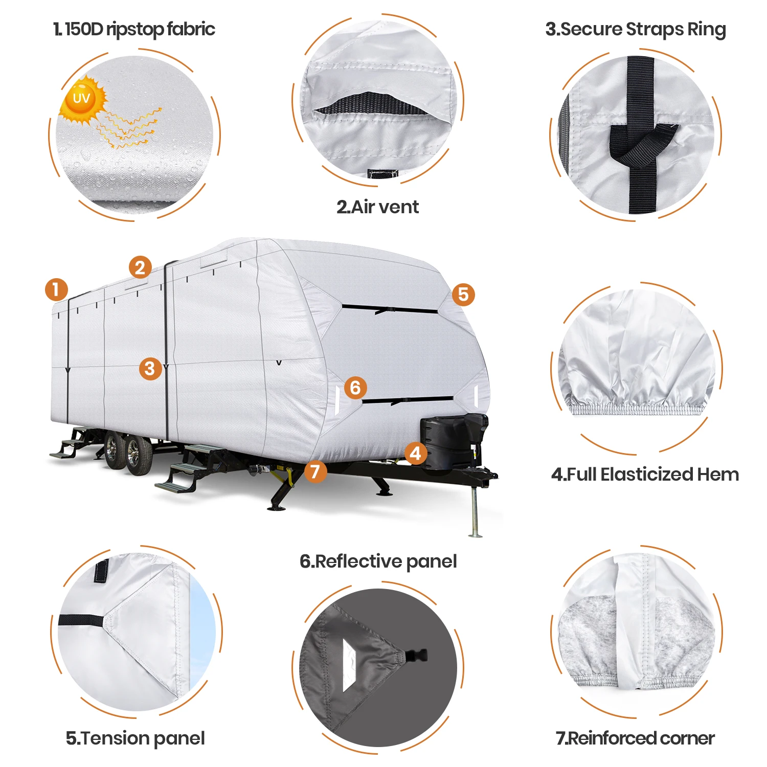 RV Waterproof Travel Caravan Cover Durable UV Protection Motorhome Breathable Travel Trailer Cover