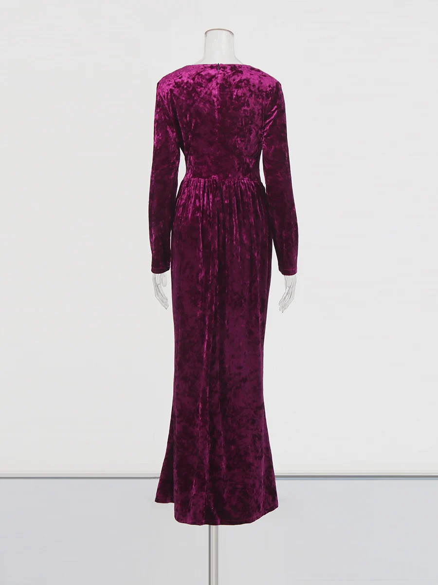 TWOTWINSTYLE Solid Spliced Folds Elegant Velvet Dresses for Women V Neck Long Sleeves High Waist Patchwork Sequined Dress Female