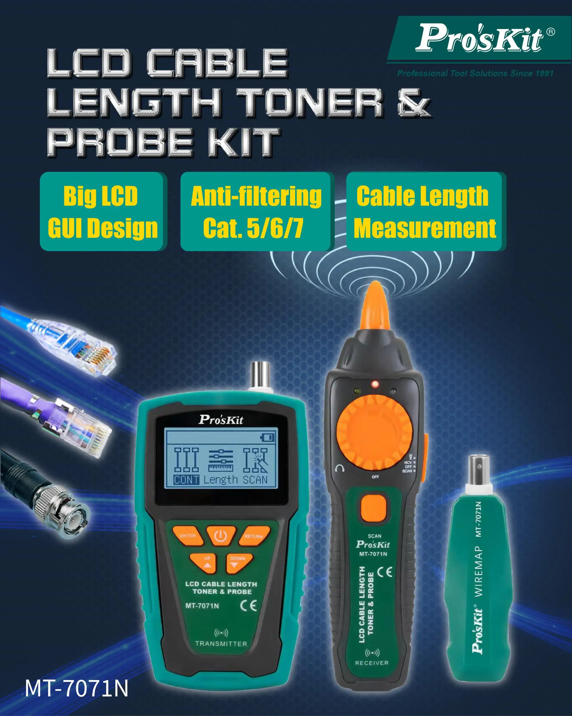 Proskit MT-7071N network cable line tester line finder LCD audio cable length line checker patrol instrument