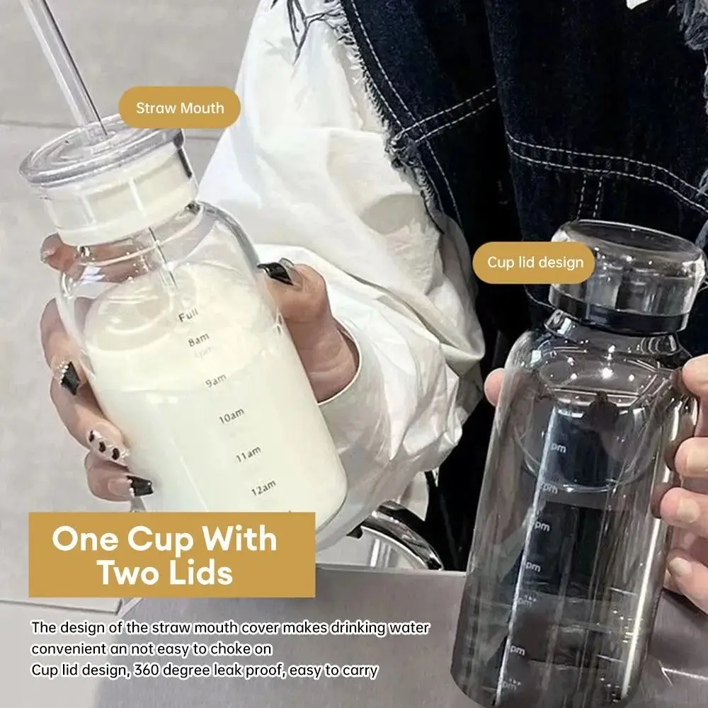 1Pcs Double Cover with Protective Cover Glass Bottle With Time Marker Juice Milk Glass Cup 350/550/750ml With Lid Straw