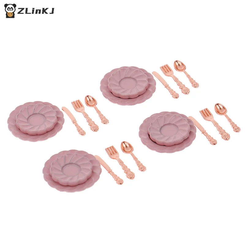 ▶1:12 Dollhouse Decor Toy with Utensils (Knife Fork Spoon Plate Set )-Kitchen Furniture Scene Model &  Miniature Decorative Gift