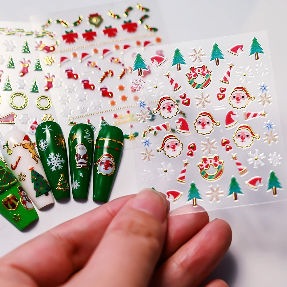 24/30 pçs 3d elegante borda de ouro natal adesivos de unhas bonito boneco de neve árvore de natal papai noel decalques de unhas auto-adesivo slider *