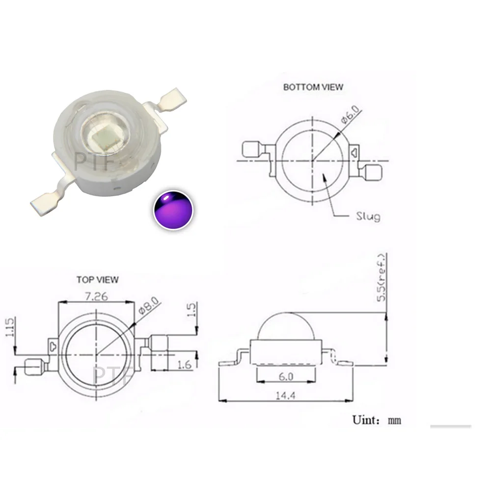 10-100pcs 3W UV Purple LED Ultraviolet Bulbs Lamp Chips 365nm 375nm 380nm 385nm 395nm 400nm 405nm 410nm 420nm High Power Light