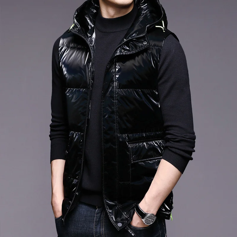 Glossy Hooded Down Jacket Vest Man Outer Wear Winter Sleeveless Waistcoat Outerwear Coat Clothing