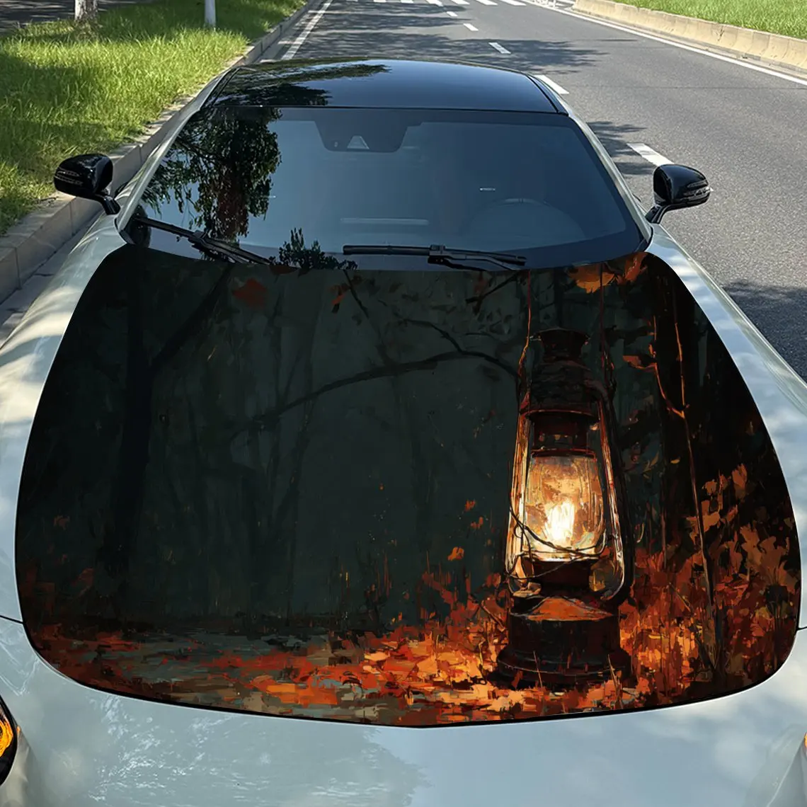 Cozy Lantern in Fall Foliage Car Hood Stickers - Self-Adhesive, Waterproof and Durable Vinyl Wrap, Decorate And Protect Your Car