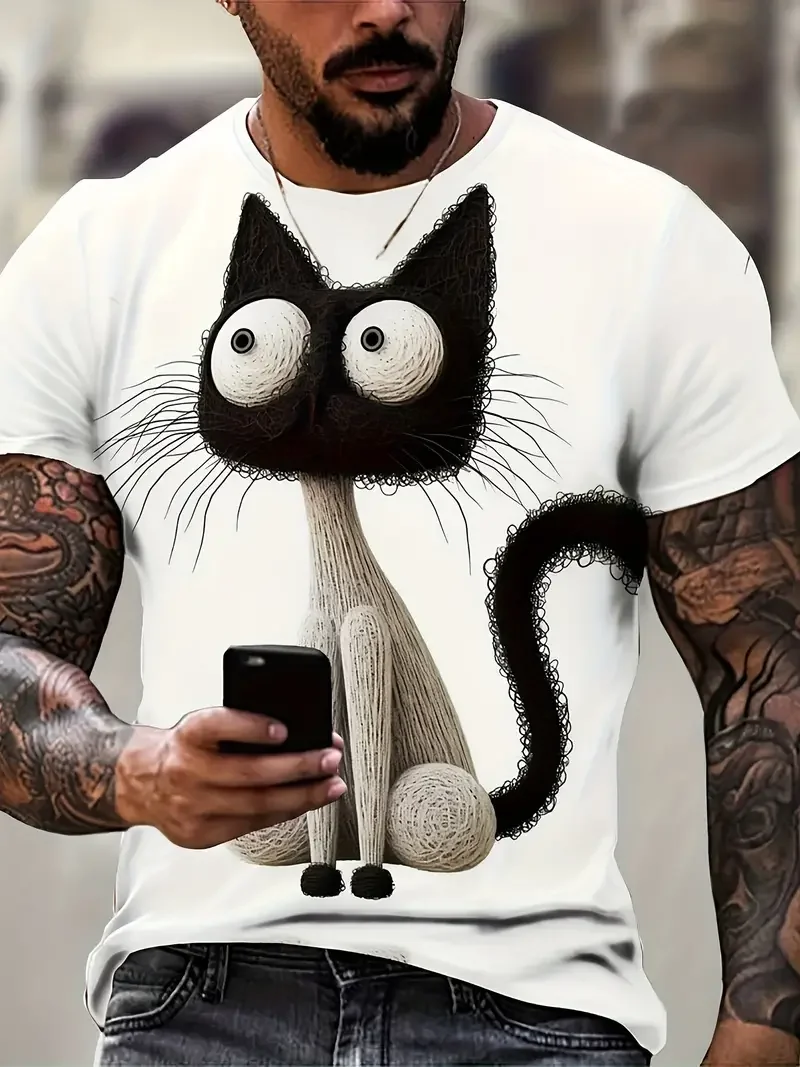 Funny Men's T Shirt Aniaml Cat Print Summer Casual Short Sleeve Tee Street Fashion Crew Neck Pullover Male Oversized Clothing image 5