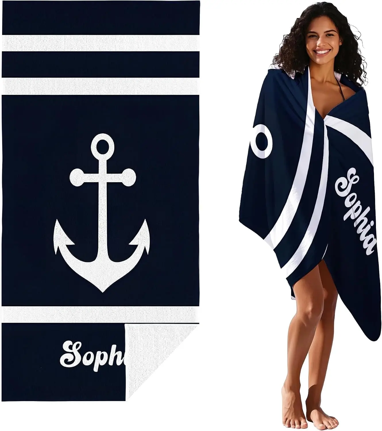 Personalized Nautical Anchor Beach Towel Coastal Summer Decor Black Polyester Bathing Gift Tropical Stripes Name Towel for Vacat