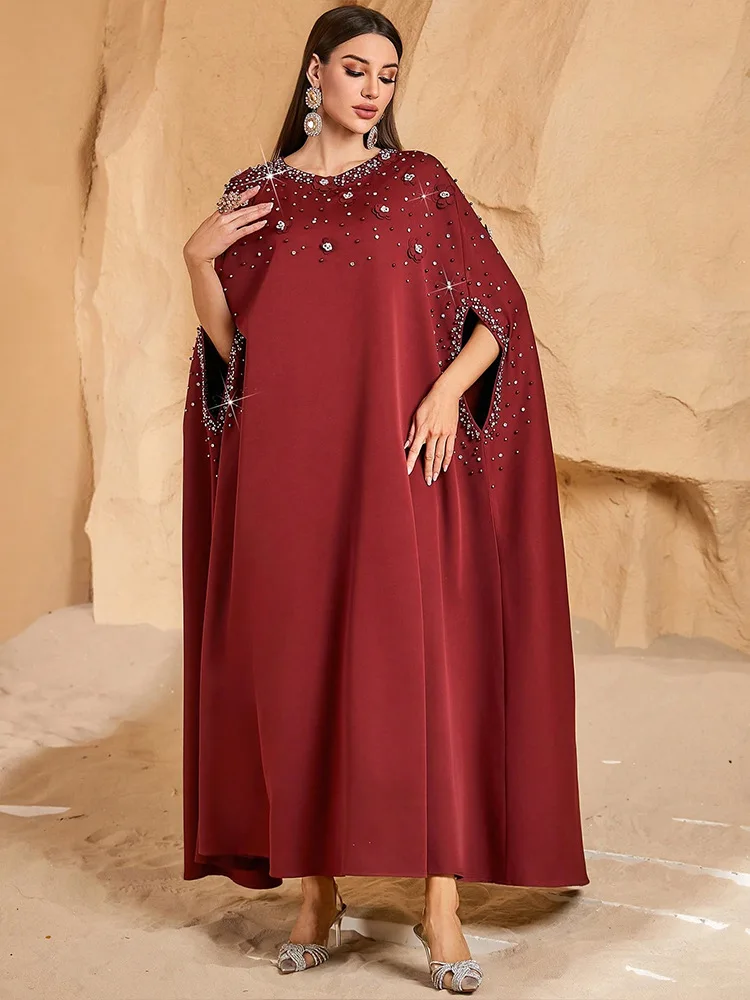2025 Rhinestone Beaded Batwing Sleeve Abaya Muslim Dress Women Robe Ethnic Dubai Moroccan Kaftan Ramadan Arabic Islamic Clothes