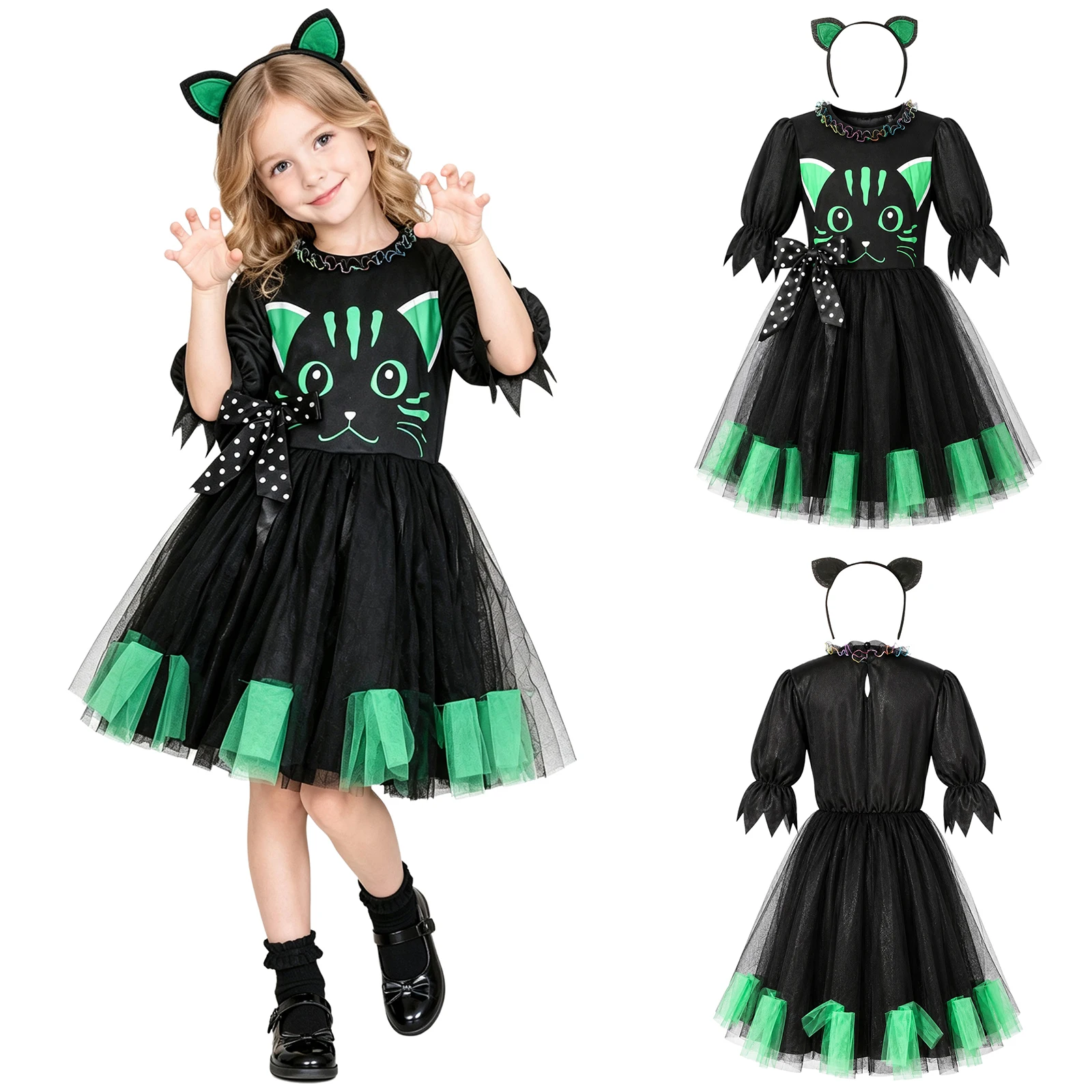 Disfraz de gato para niñas, vestido de tul con mangas cortas y capas, con diadema para el cabello, ideal para Halloween, carnavales, fiestas temáticas y sesiones de disfraces.