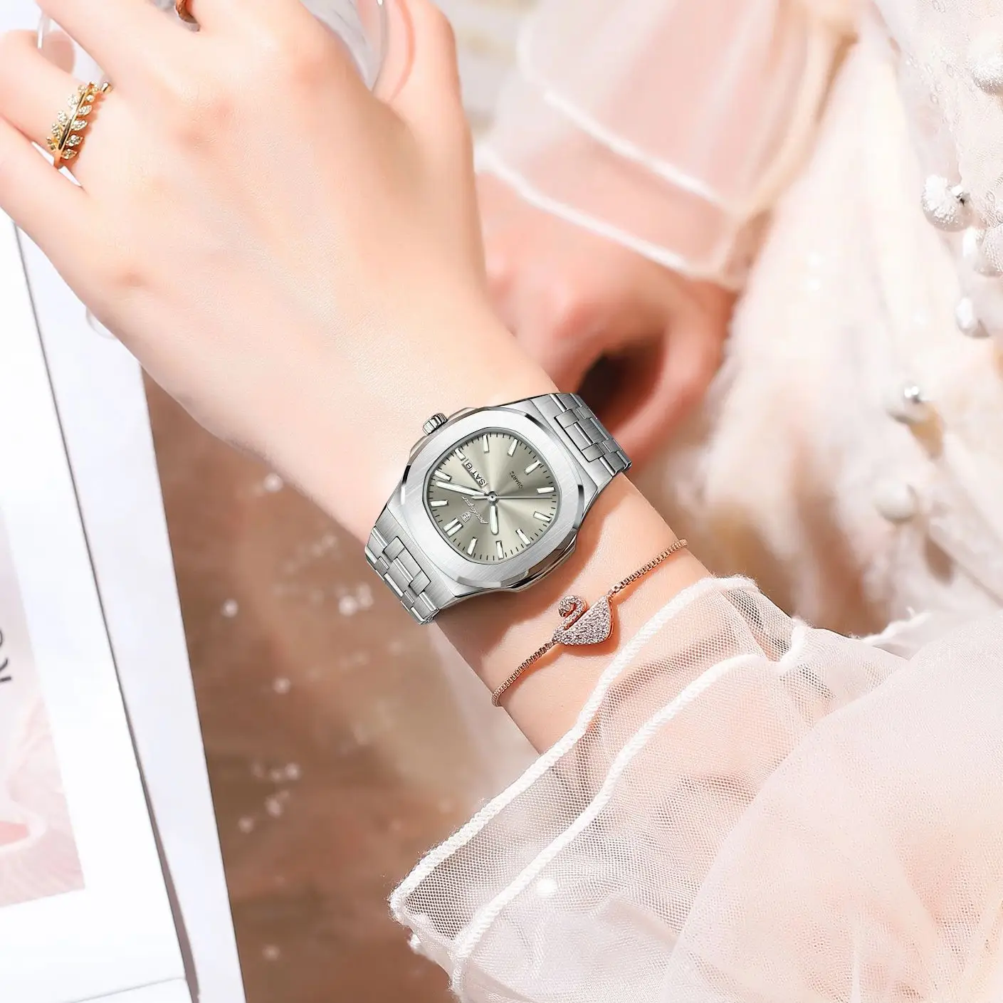 Reloj POEDAGAR cuadrado para mujer con fecha y semana, Reloj luminoso resistente al agua para mujer, relojes de cuarzo de acero inoxidable a la moda para mujer, Reloj de regalo