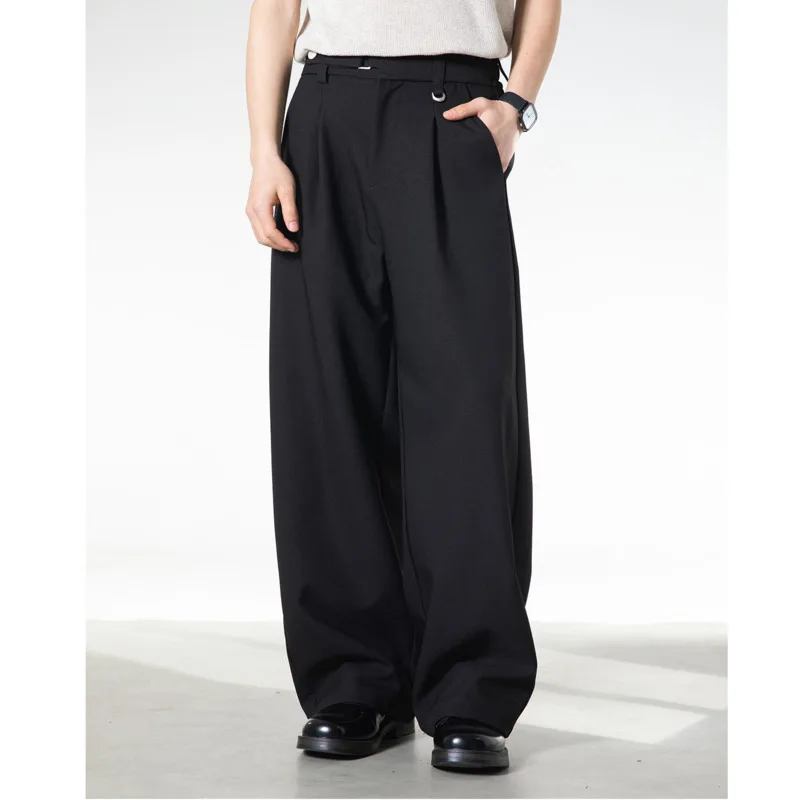 Stile popolare giovanile primavera/autunno da uomo con vita regolabile, pantaloni larghi e casual a gamba dritta pieghettati tridimensionali