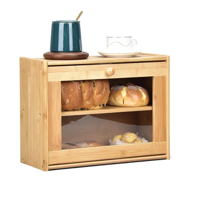 Bamboo Bread Box Storage Box Double Layers Drawer Large Food Containers Kitchen Organizer With Built-in Transparent Window