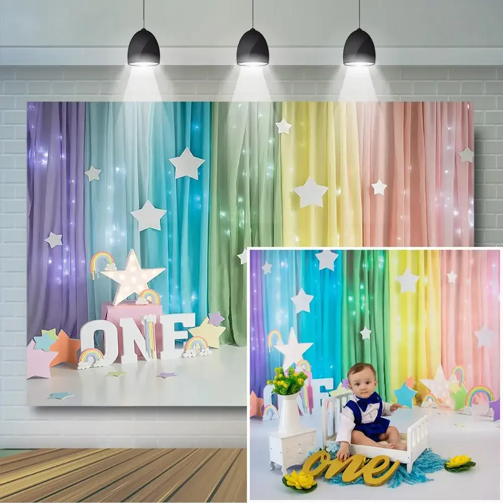 Fondo de fotografía de 1er cumpleaños con cortina de arcoíris, decoración de estrellas para bebé recién nacido, niño y niña, fondo de fotografía para niños