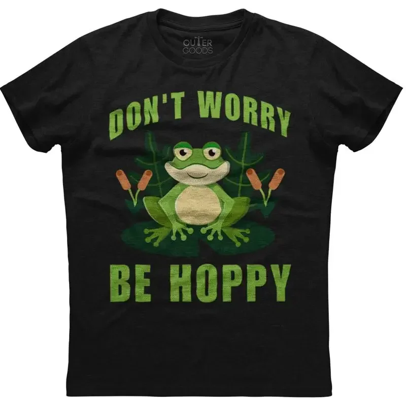 Don't Worry Be Hoppy Crazy Frog Print Mens  Cotton Black T shirt