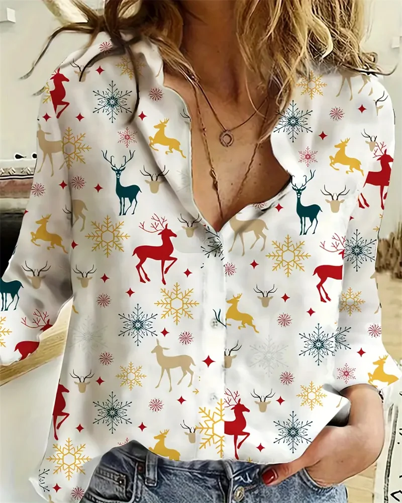 2023 Women\'s Plus Size Christmas Shirts Autumn and Winter Christmas Tops Long Sleeve Lapel Button Up Shirt Snowflake 3D Printing