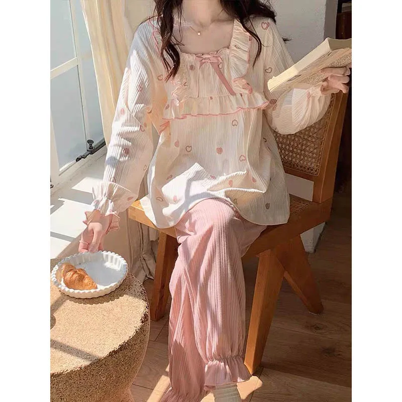 Heart Women Pajama Sets Sleepwear Pants Sets 2 Pieces Square Collar Piiama Korean Style Full Sleeve Spring Night Wears Home Suit