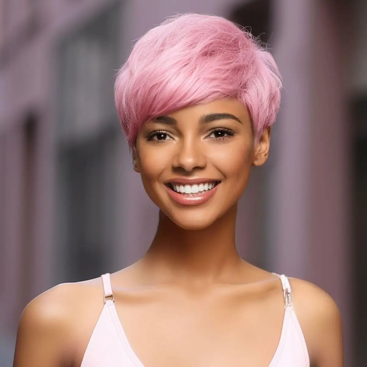 ピクシーカットウィッグ人毛ショートピンクエルフヘアカットウィッグ前髪付きレイヤードウィッグウェーブウィッグ女性用フルマシンメイドウィッグ