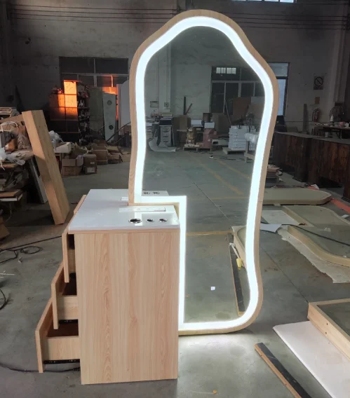 Barber Salon New Design Mirror Station With Led Light Double Sided Wood Station With Drawer